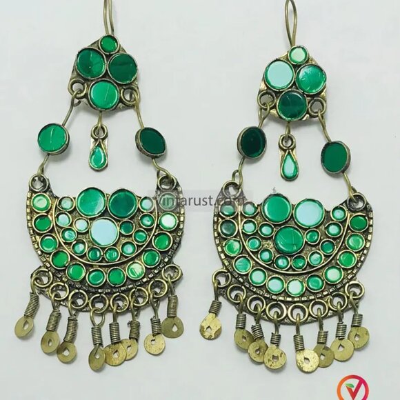 Green Glass Stone Kuchi Earrings: Tribal Tassel Dangle Jewelry - Picture 2 of 6